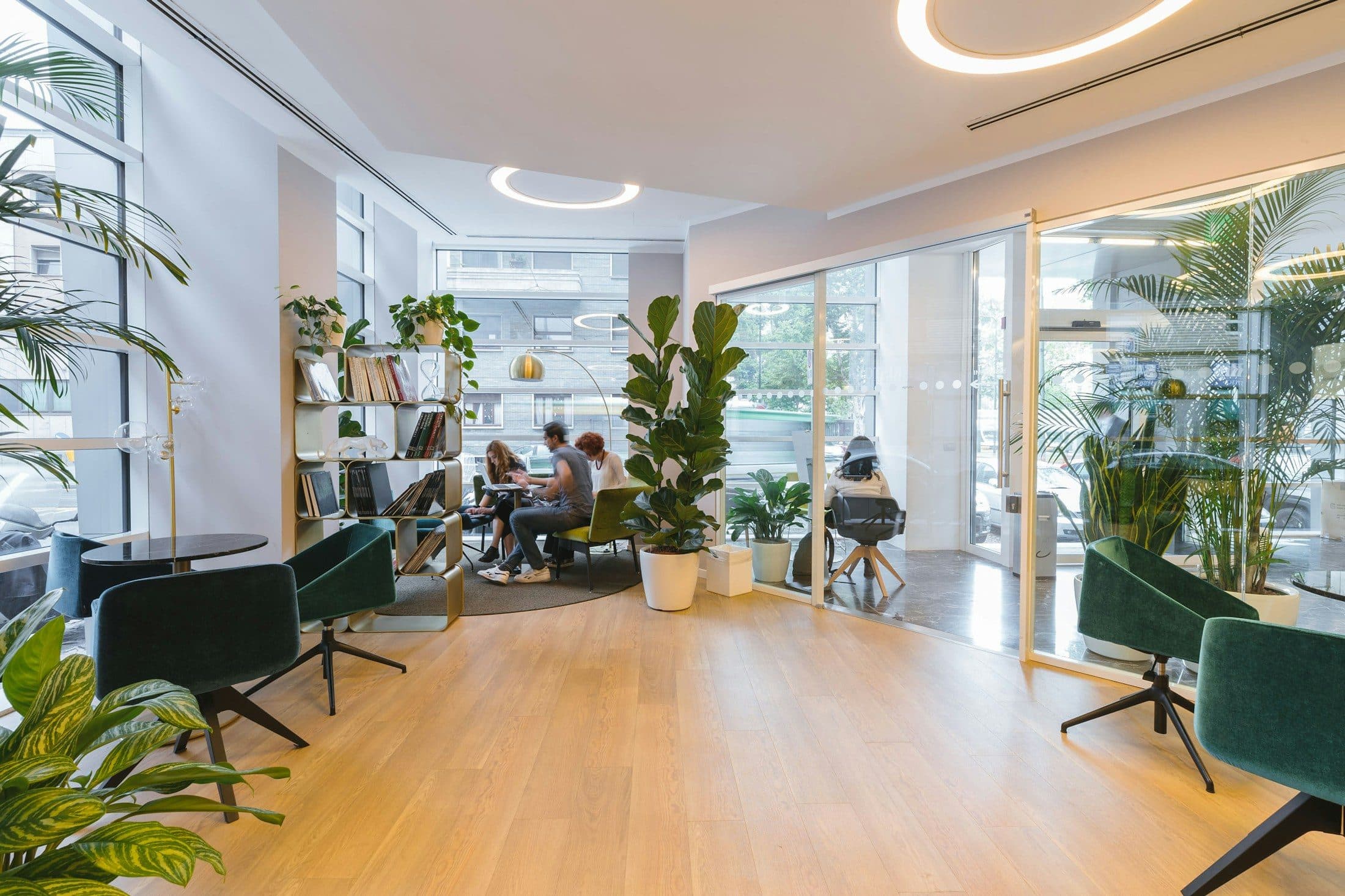 A bright, fitted office floor with green chairs and plants