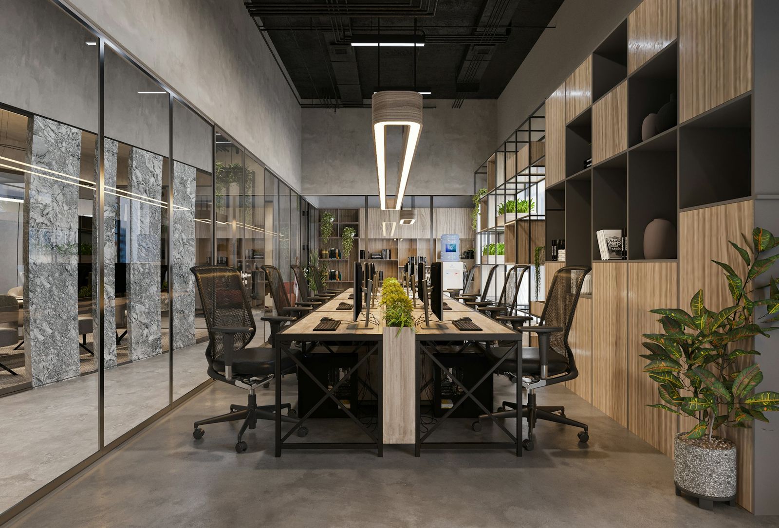 Open workstations along the window wall
